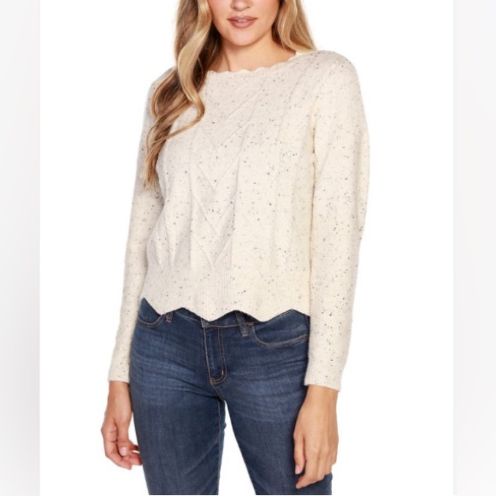 Belle by Belldini Cream Cabled Sweater with Scalloped Trim Small